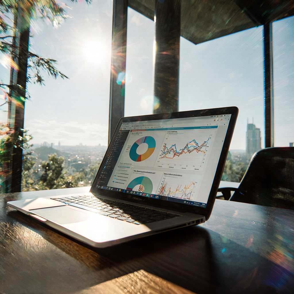 A laptop is placed on a clean office desk with panoramic windows overlooking the city. The screen displays the results of completed projects.